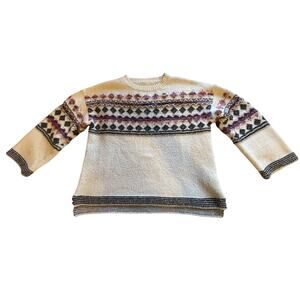 Time and True Cozy Knit Grandma Sweater Cream & Purple Size XL Boho